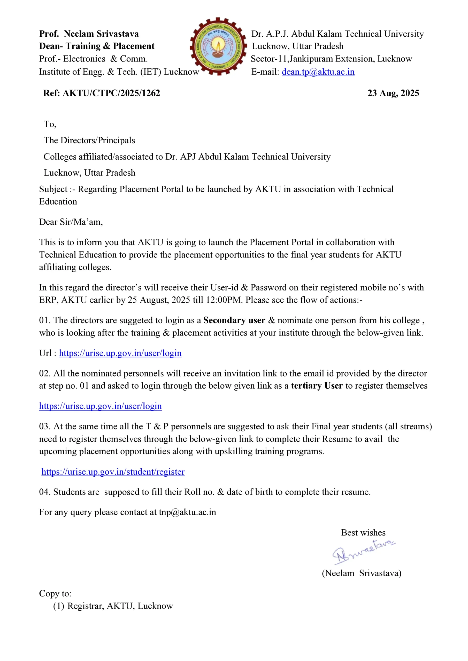 AKTU Placement Portal 2025