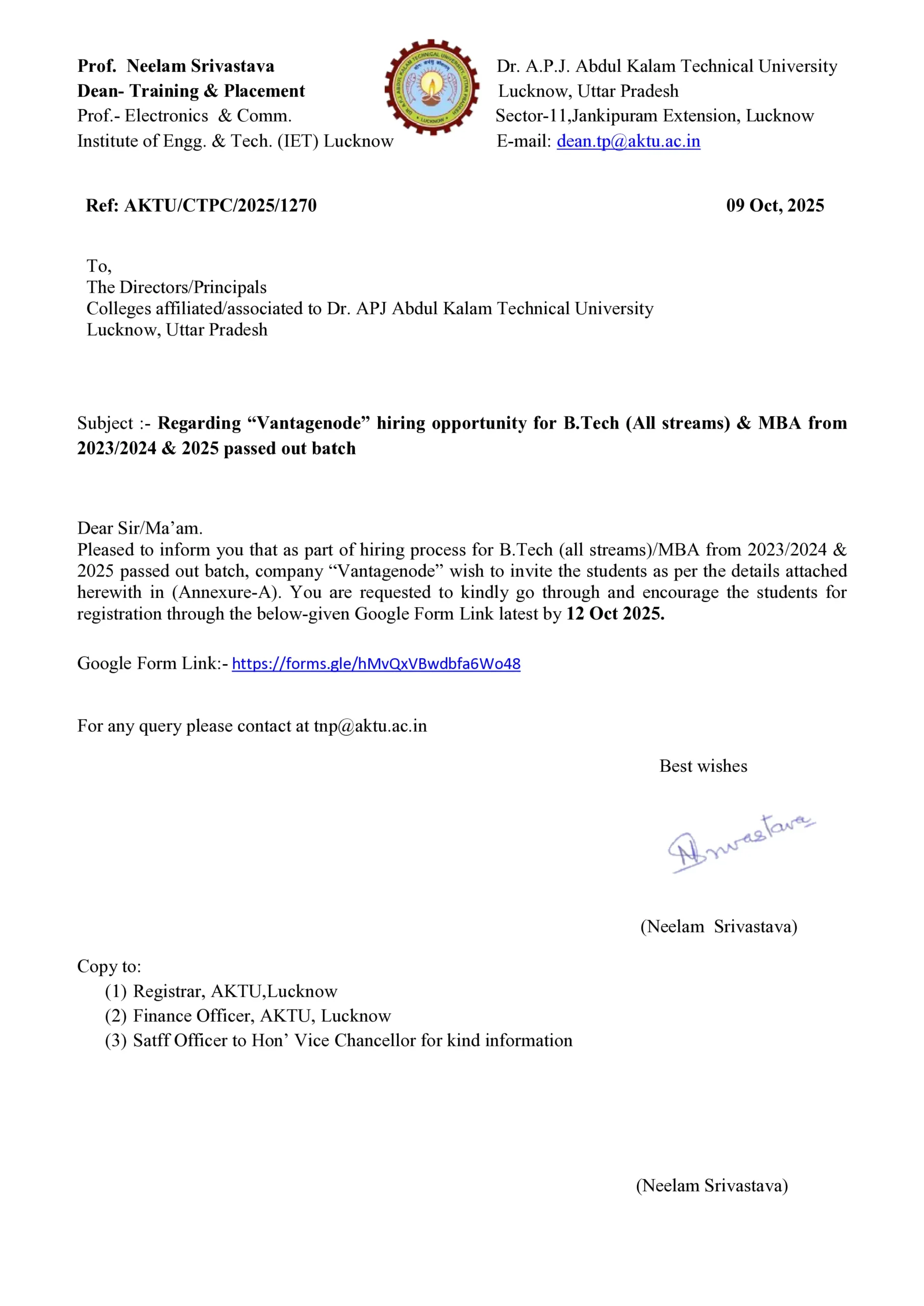 AKTU Vantagenode Hiring Opportunity 2025
