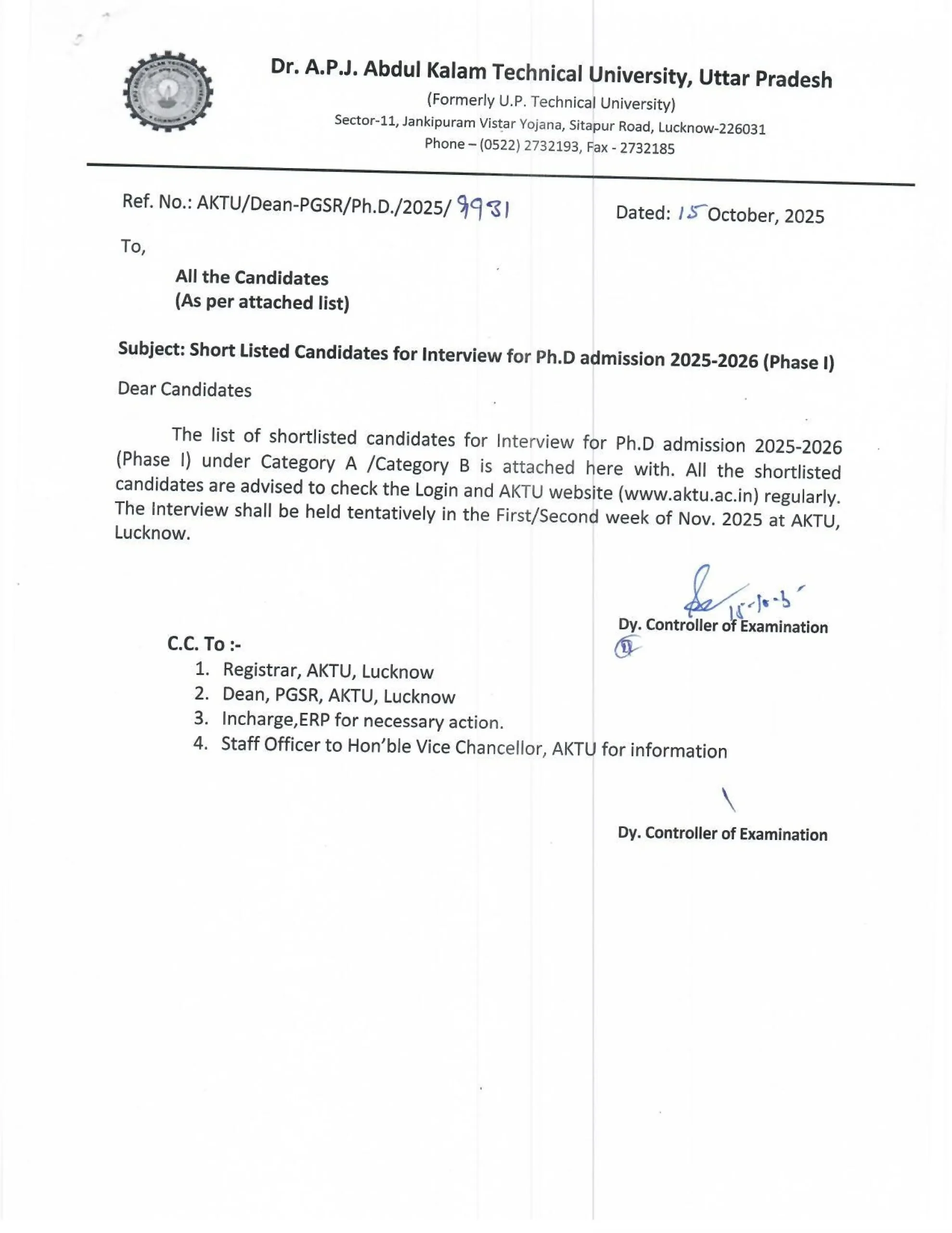 AKTU Ph.D Admission 2025-26 (Phase 1): Shortlisted Candidates Announced for Interview