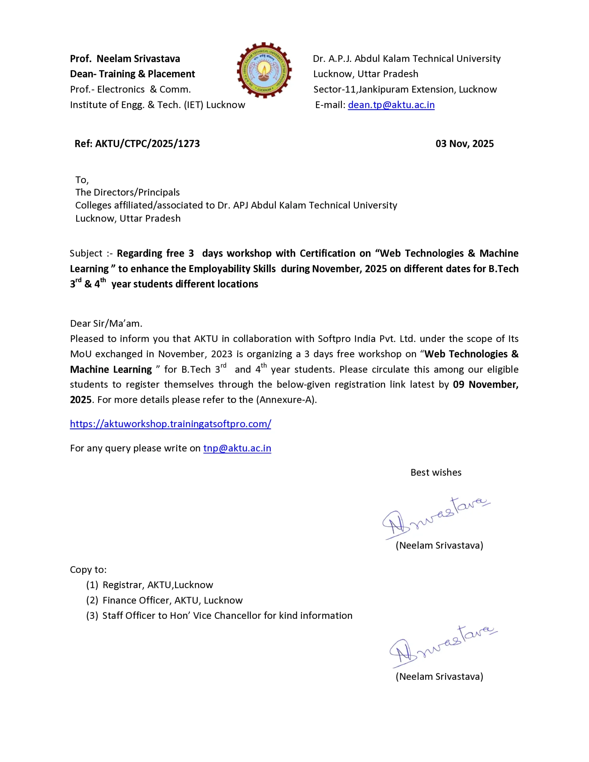 AKTU Free Workshop on Web Technologies and Machine Learning for B.Tech Students Announced