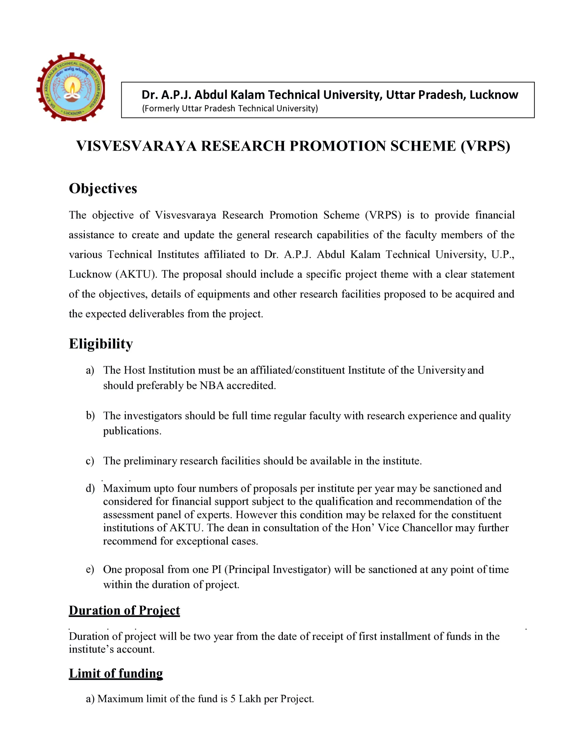 AKTU Visvesvaraya Research Promotion Scheme