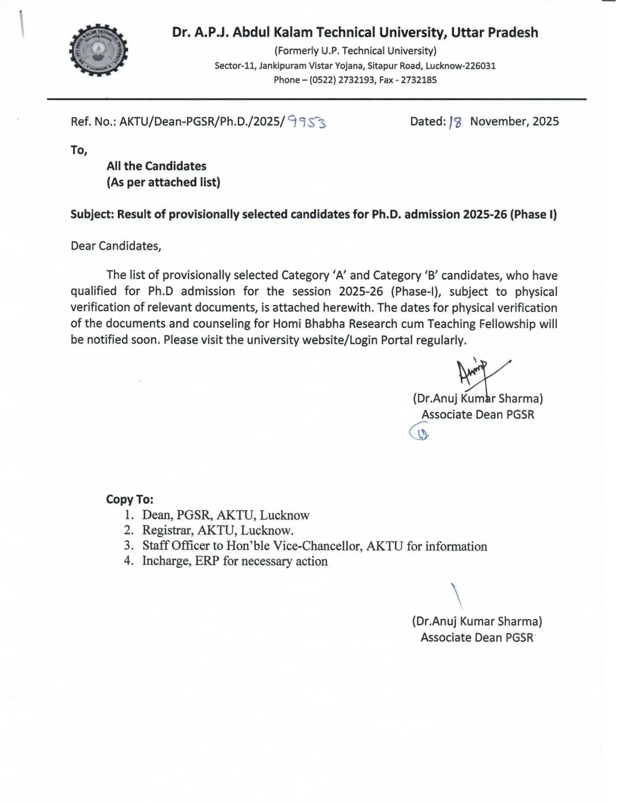 AKTU PhD Admission 2025 Result