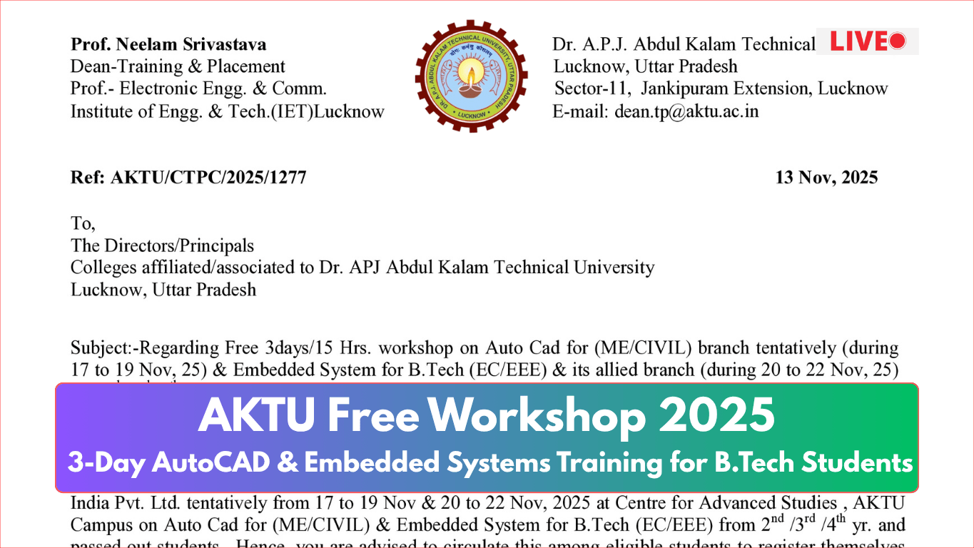 AKTU Free Workshop 2025: 3-Day AutoCAD & Embedded Systems Training for B.Tech Students – Full Details