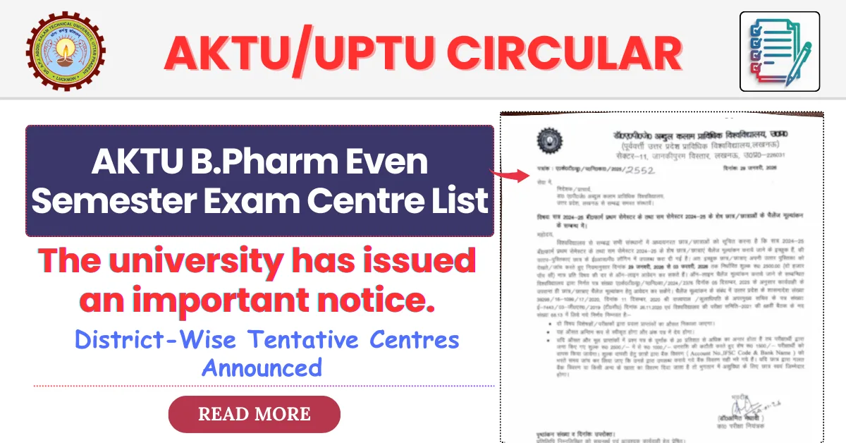 AKTU B.Pharm Even Semester Exam Centre List 2025-26 Released: District-Wise Tentative Centres Announced