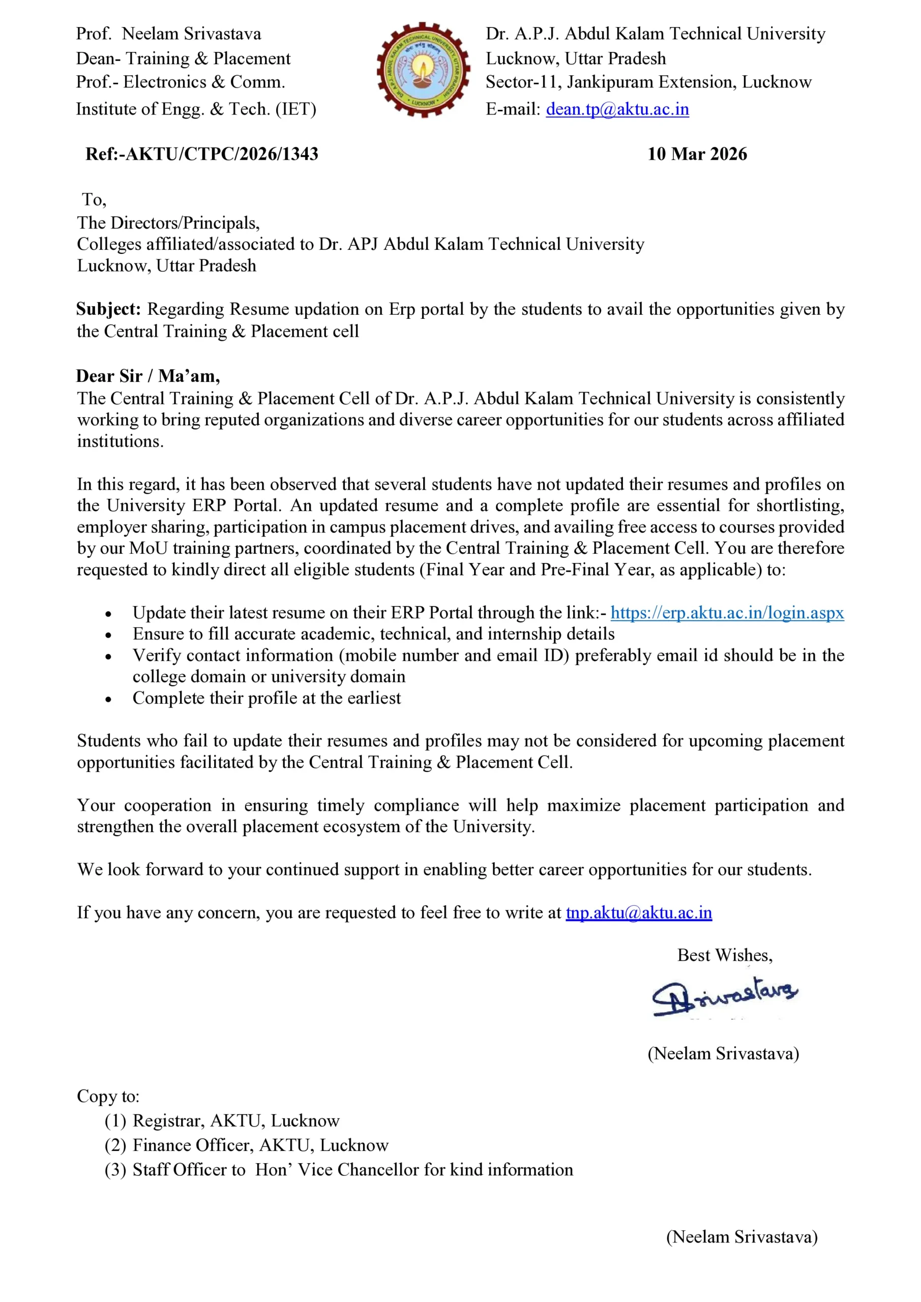 AKTU Resume Update Notice 2026: Students Must Update Resume on ERP Portal for Placement Opportunities