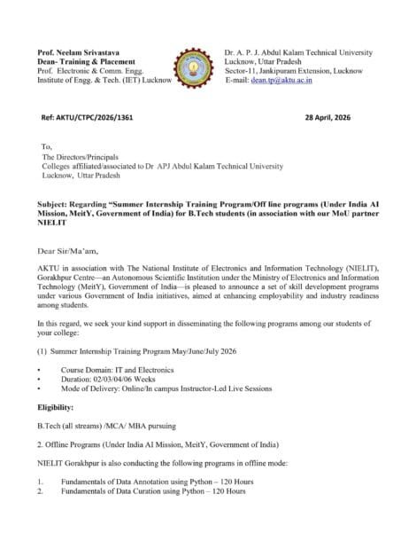 AKTU Free Summer Internship 2026: NIELIT AI Training Program Registration Open | Full Details, Eligibility, Courses 2 AKTU