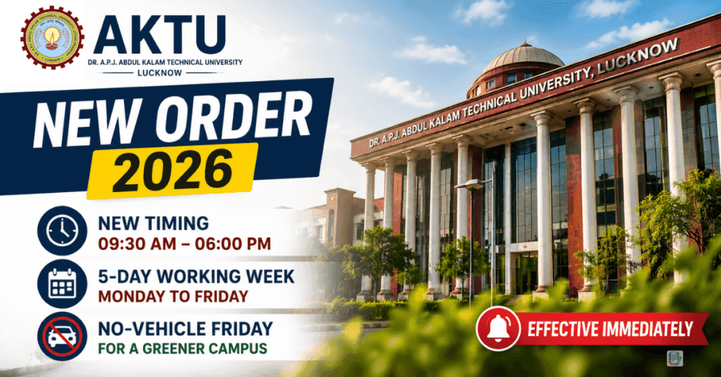 AKTU New Office Order 2026: 5-Day Working Week, New Class Timings & No-Vehicle Friday Initiative