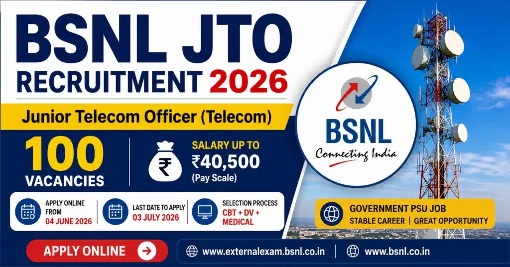 BSNL JTO Recruitment 2026 Notification Out for 100 Posts – Salary Up to ₹40,500, Apply Online