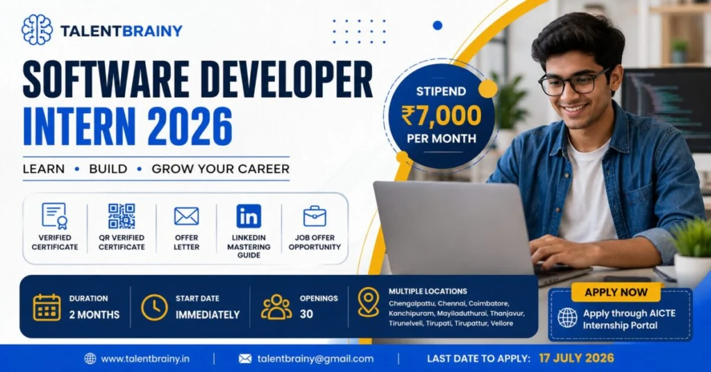 TalentBrainy Software Developer Intern 2026: ₹7,000/Month Stipend Internship Open for Students