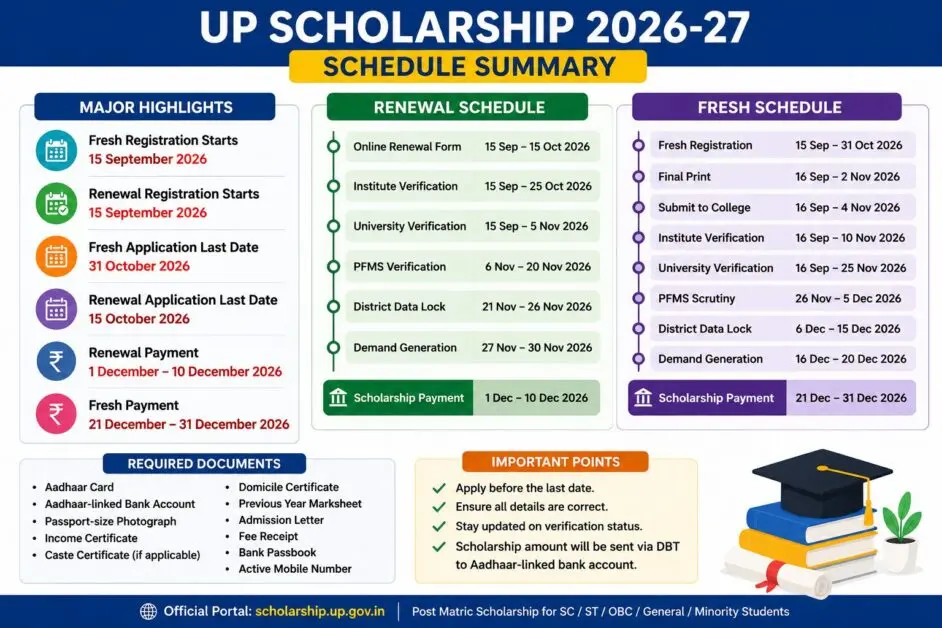 UP Scholarship 2026-27 Schedule Released: Fresh & Renewal Registration Dates, Verification Timeline and Payment Details 2 summary of up scholarship