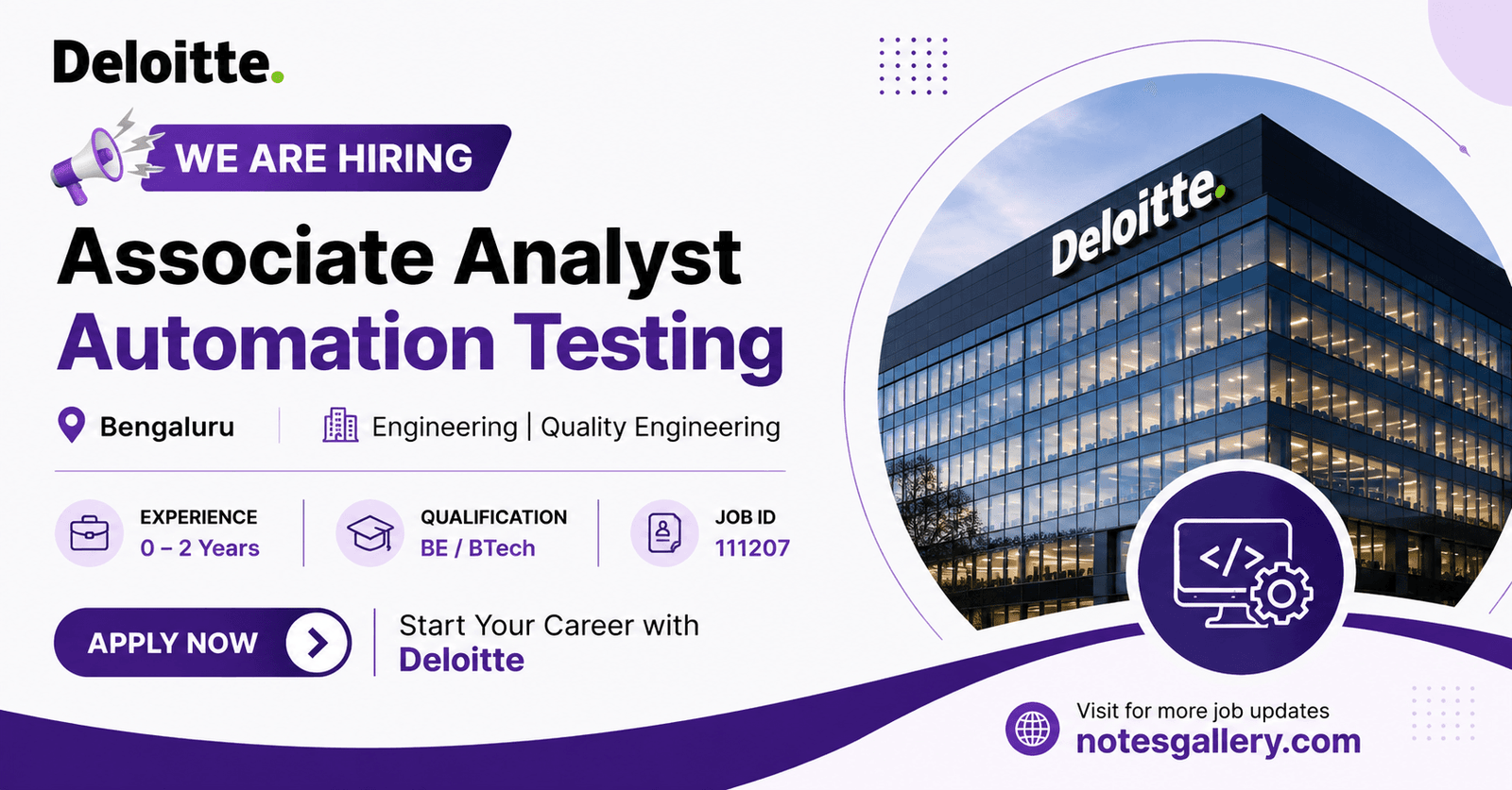Deloitte Recruitment 2026: Associate Analyst Automation Testing Job for BE/BTech Freshers