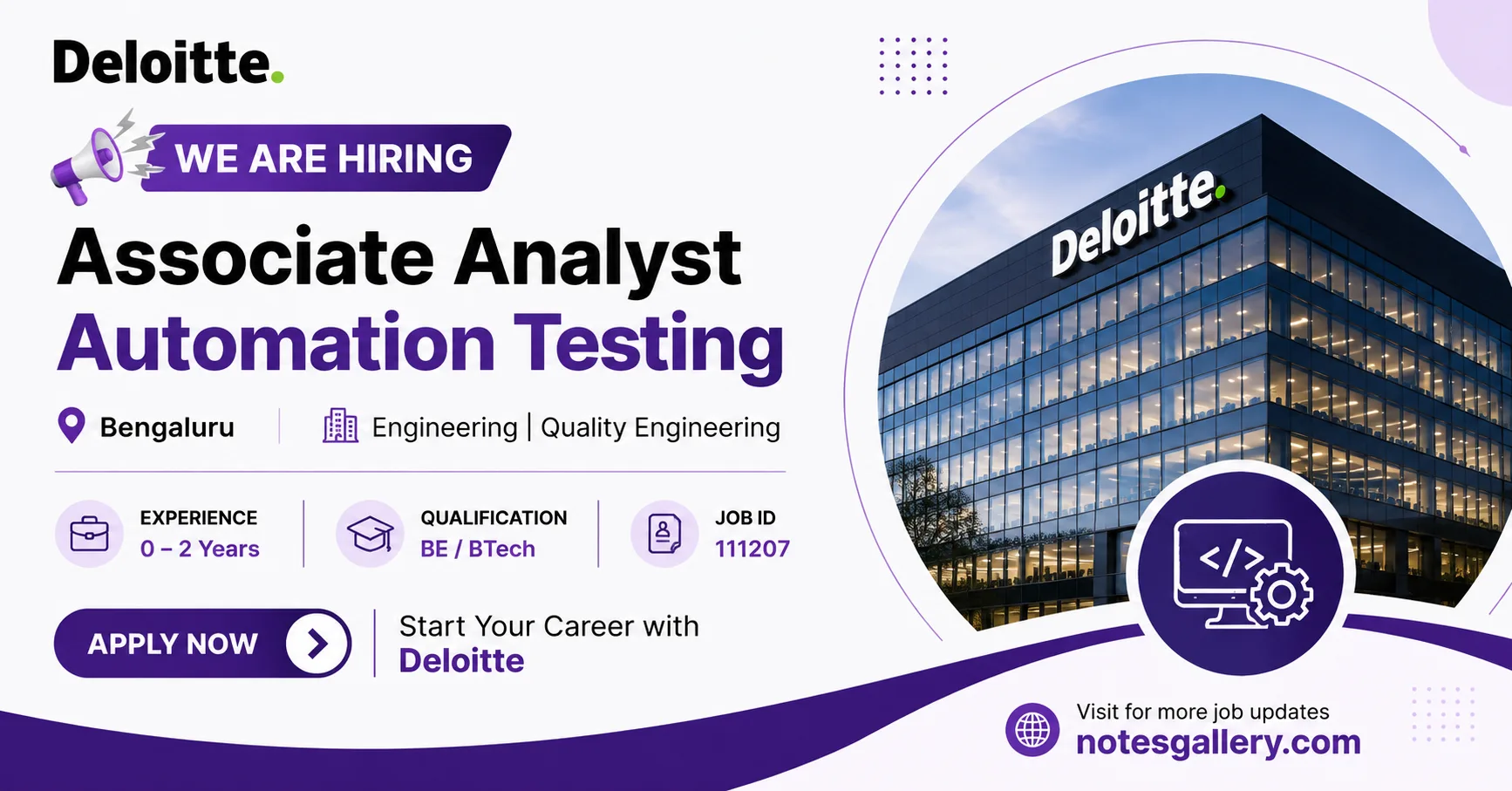 Deloitte Recruitment 2026: Associate Analyst Automation Testing Job for BE/BTech Freshers